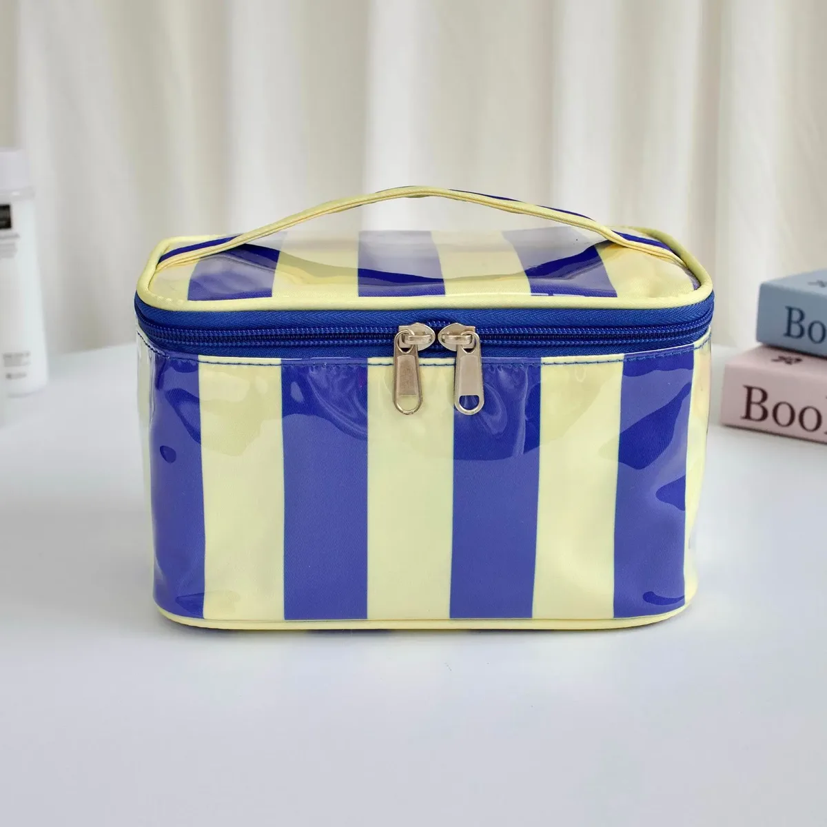sac cosmétique brillant à rayures en pvc, très populaire, grande capacité, sac de toilette portable, sac de rangement de voyage imperméable