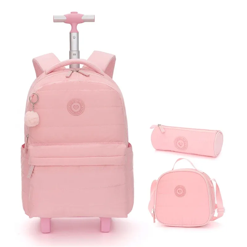 sac dos polyester rose compartiment principal roues intégrées poches latérales sacs école filles voyage
