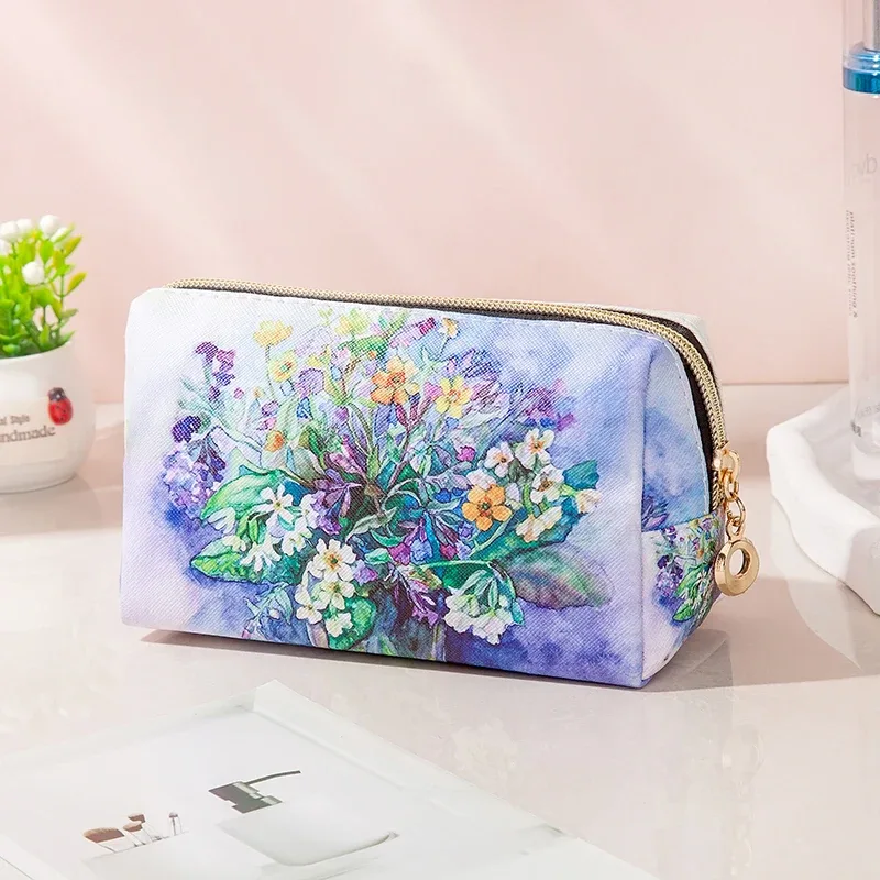 sac cosmétique imperméable en pu de style peinture à l'huile, sac de rangement portable de grande capacité, sac de maquillage multifonctionnel