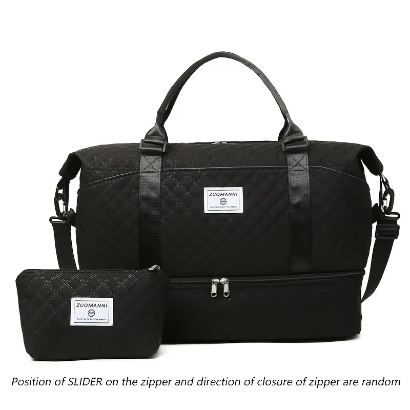 sac voyage nylon motif géométrique relief beige grande capacité bandoulière pochette cosmétiques transport week end