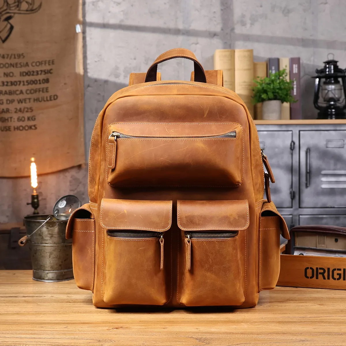 sac à dos pndme vintage fait main en cuir de vache crazy horse pour hommes et femmes, sac de voyage en cuir véritable de grande capacité pour l'école.