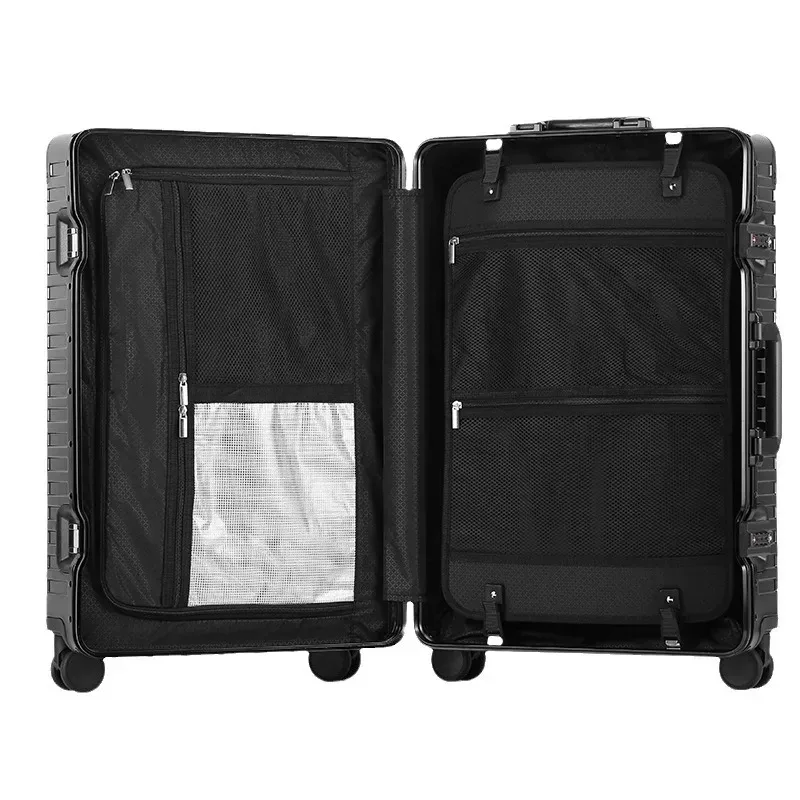 valise à roulettes en alliage aluminium-magnésium 100%, valise de voyage en aluminium, valise à roulettes en métal, roues universelles, valise à roulettes avec serrure à code.