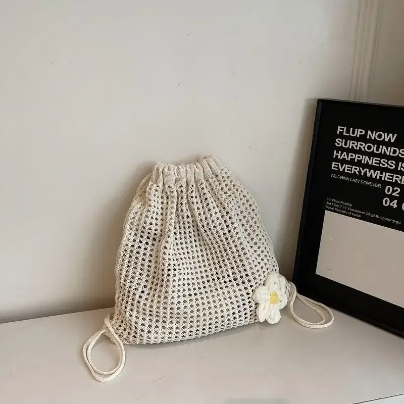 sac à bandoulière en tricot couleur unie grande capacité, sac à dos bohème en crochet ajouré, sac fourre-tout de plage et de voyage pour femme