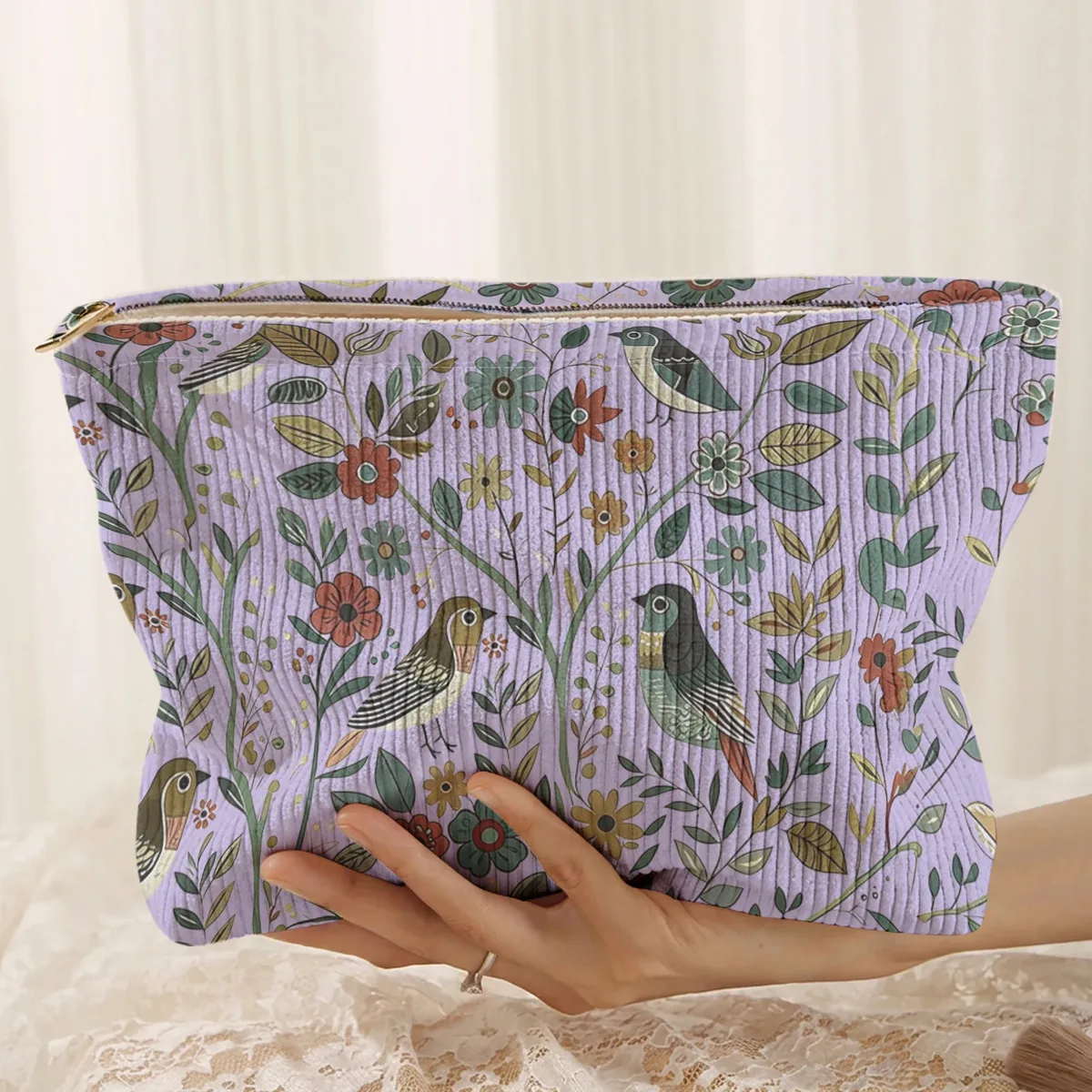 1 pièce, trousse de maquillage en velours côtelé avec motif d'oiseaux et de branches, légère et multifonctionnelle pour le rangement des cosmétiques.