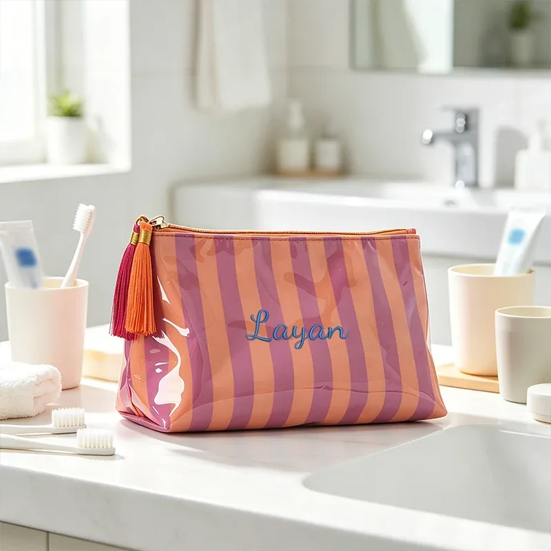 broderie personnalisée/2 options de style standard, pochette rayée, trousse de maquillage à fermeture éclair avec pompon délicat, saison rentrée scolaire, cadeau