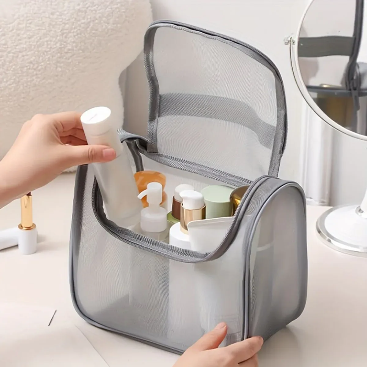 nouvelle trousse de toilette multifonctionnelle, sac de maquillage portable en nylon à mailles incurvées, sac de rangement pour cosmétiques de grande capacité pour femmes