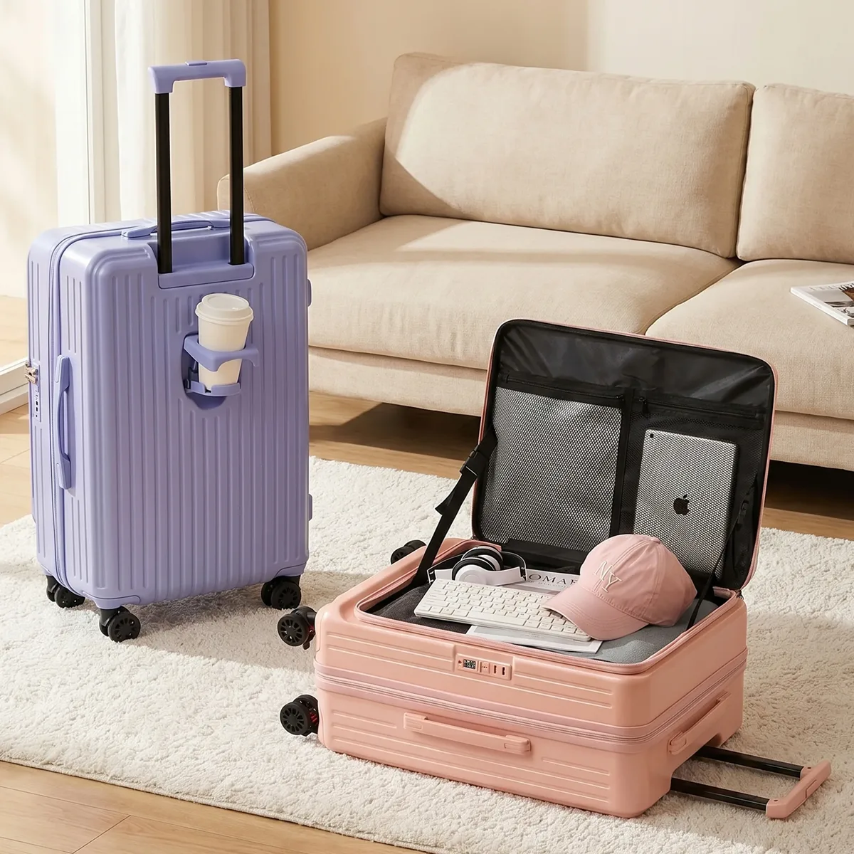 valise multifonctionnelle extensible à ouverture frontale avec porte-gobelet, crochet, frein, roues silencieuses et serrure à combinaison