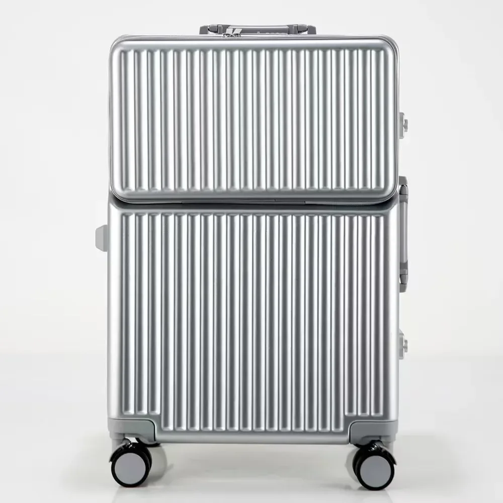 valise à cadre en aluminium, bagage de cabine à ouverture avant avec porte-gobelet usb, boîtier de chariot pour femme, valise de voyage avec roue de frein pour homme