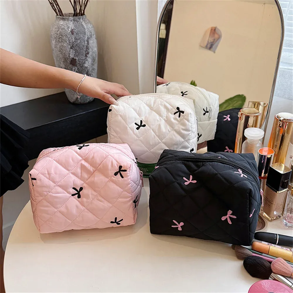 trousse de maquillage avec nœud pour femme, sacs à cosmétiques de voyage brodés avec nœud papillon, grande capacité, sac de rangement pour maquillage et toilette