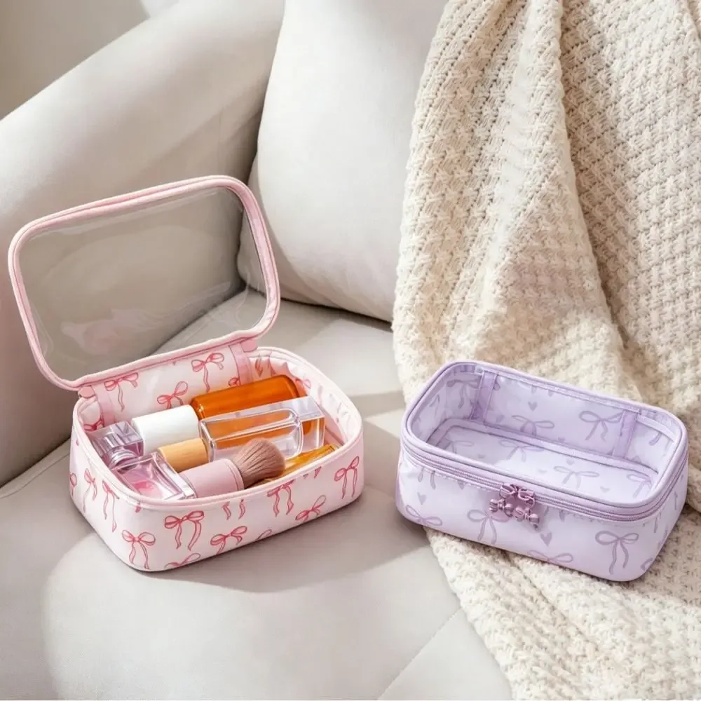 sac de maquillage polyvalent en pvc transparent avec fermeture éclair, sac à cosmétiques imprimé nœud, trousse de toilette de grande capacité pour femmes et filles
