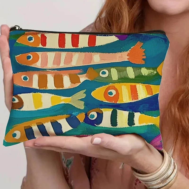 sac à cosmétiques en toile vintage, trousse de maquillage simple de grande capacité, pochette de voyage pour femmes, trousse de toilette rétro, design d'huile d'olive de sardines