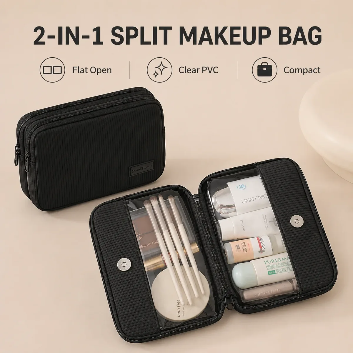 trousse de maquillage de voyage transparente en pvc, organisateur cosmétique en polyester côtelé, pochette de toilette à compartiments séparés, étui de rangement portable pour articles de beauté