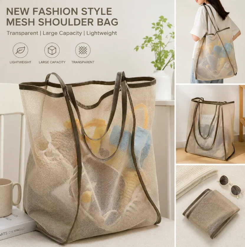 nouveau sac à bandoulière en maille polyvalent style ins, sac à main transparent grande capacité, sac de shopping léger grande capacité