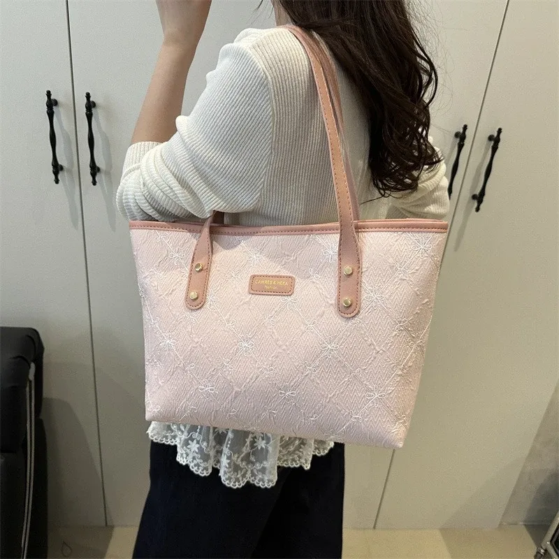 sac fourre-tout minimaliste pour femme, sac à main grande capacité en dentelle élégante avec bandoulière en cuir, sac décontracté à porter sous le bras, idéal pour les trajets quotidiens