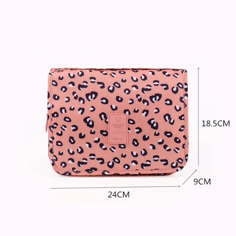 trousse toilette cosmétique rose léopard compartiments imperméable transparent grille velcro voyage maquillage organisateur rangement
