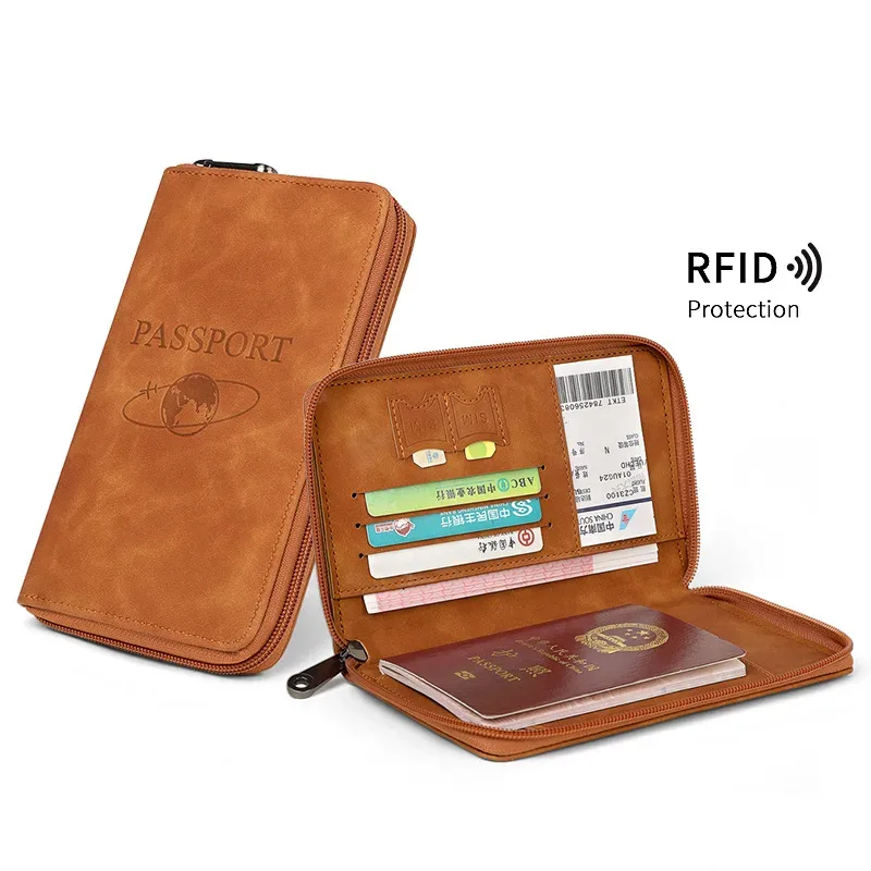 porte-passeport bloquant rfid, portefeuille en cuir pu, couverture de passeport, portable, multifonction, fermeture éclair, pince à billets, accessoire de voyage