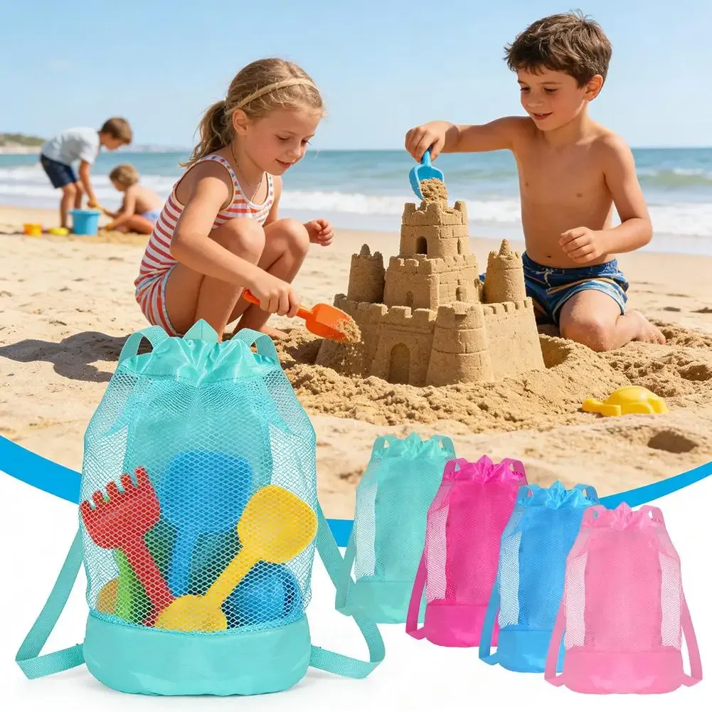 grand sac de plage en filet pour enfants, sac à dos pliable pour jouets de sable, sacs de rangement pour piscine, sac fourre-tout de voyage en filet à double bretelles