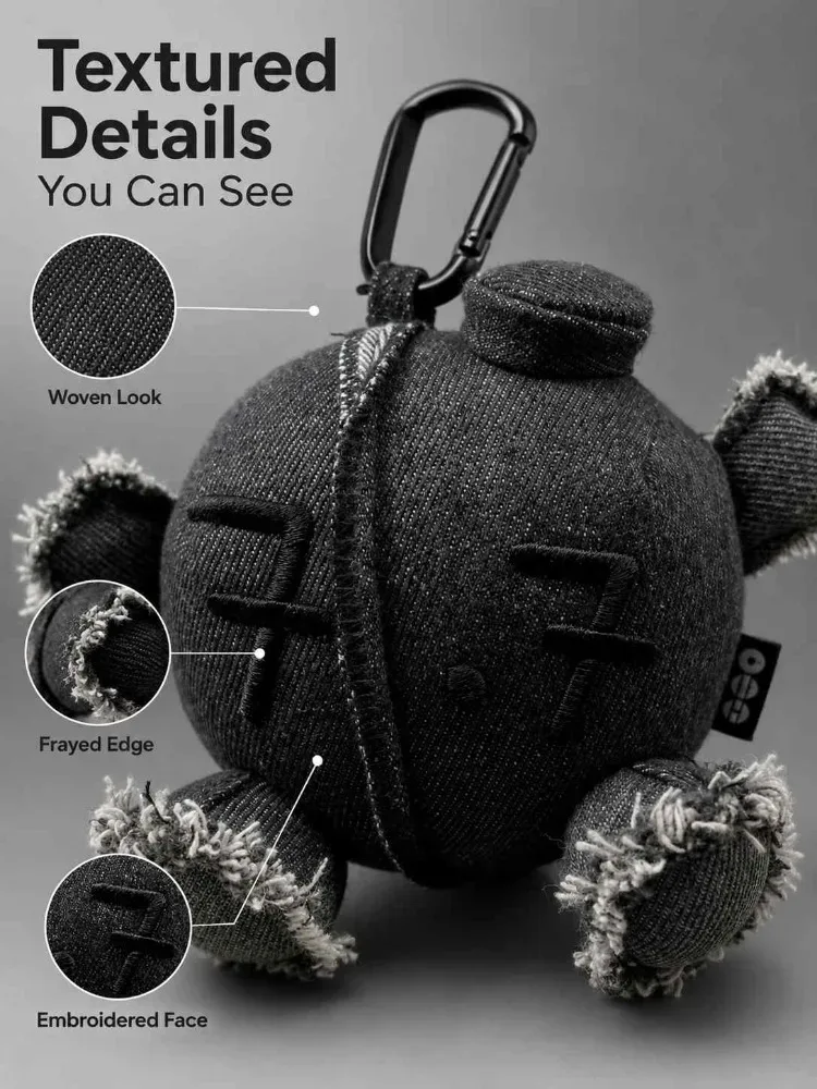 porte-clés ours en jean noir streetwear, style y2k effiloché, breloque de sac rembourrée, accessoire de quincaillerie tactique avec mousqueton, pour sac à dos gorpcore homme