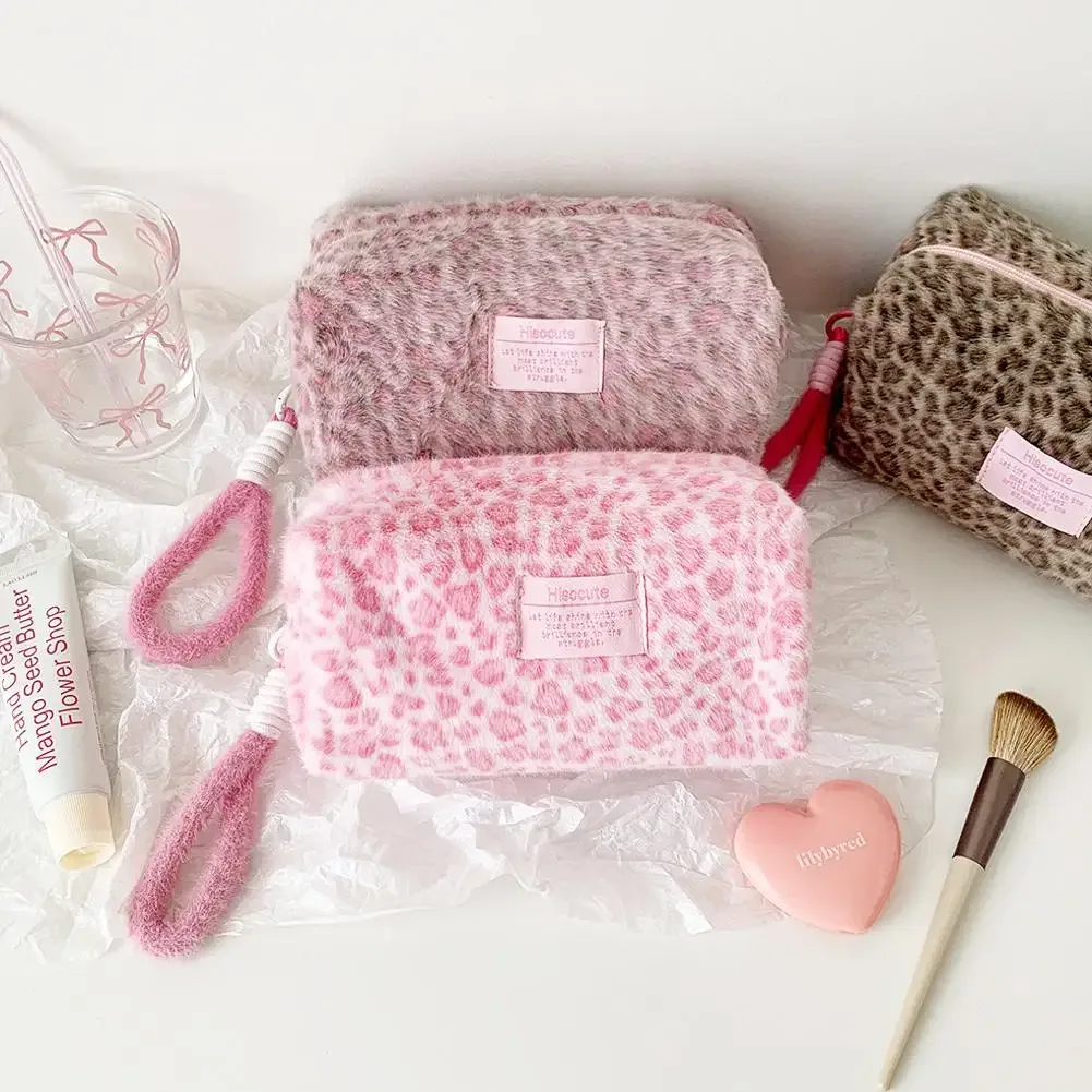 sacs à maquillage en peluche à imprimé léopard avec poignée, sac de rangement cosmétique de voyage portable, trousse de toilette, trousse à crayons mignonne, sac à main tendance