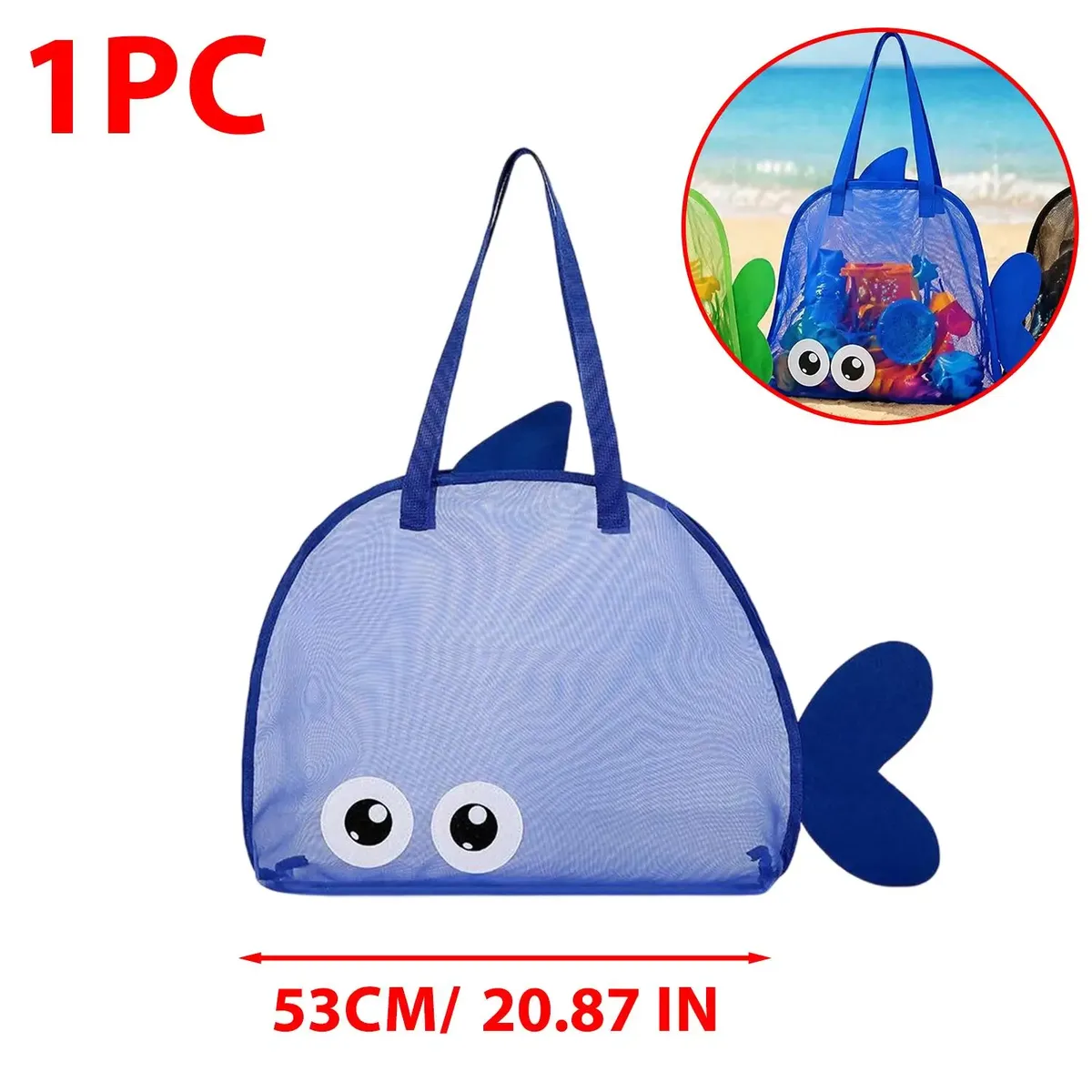 sac de plage en filet, forme de poisson mignon, grande capacité, séchage rapide, sac fourre-tout en filet pour la piscine, la collecte de coquillages, pliable et léger