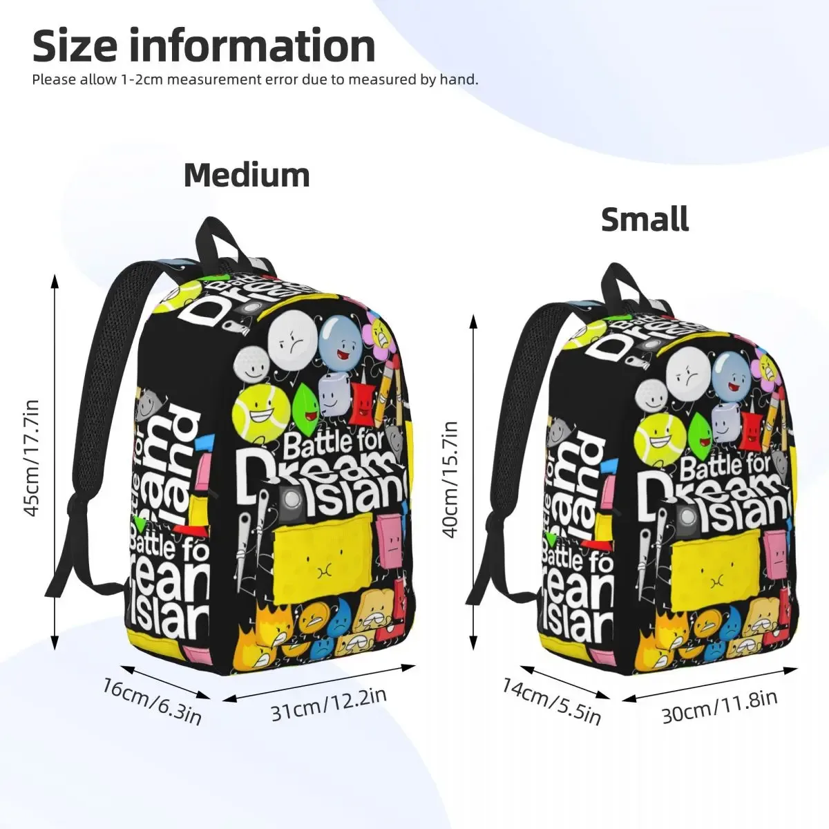 sac dos polyester noir motif battle for dream island poignée supérieure bandes épaules poches avant lateral usage voyage