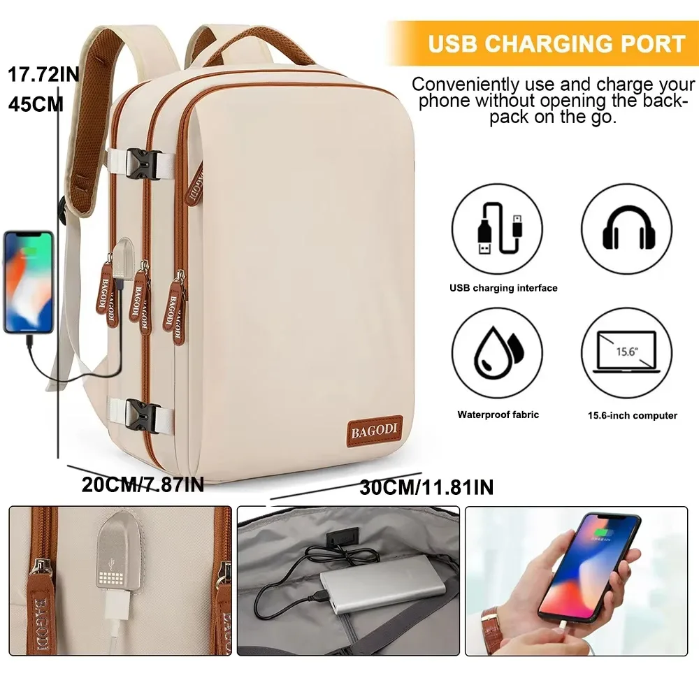 sac dos oxford beige polyester antivol doublure respirante portusb bandoulière arquée grandecapacite voyage loisir sac portable week-end