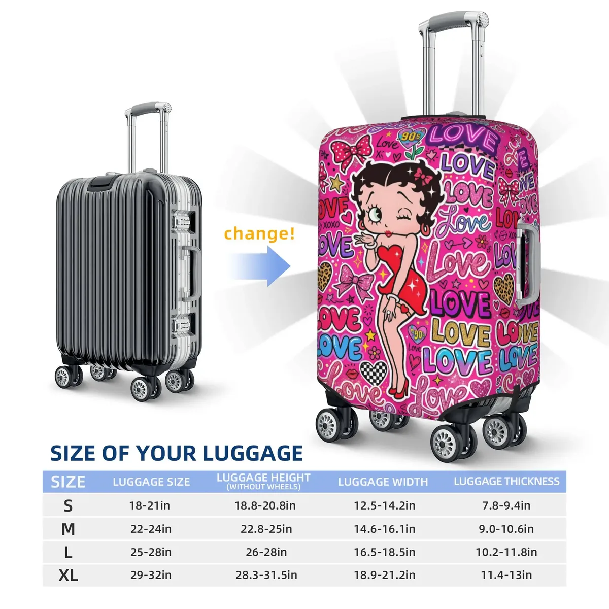 housse de valise personnalisée b-bettys cartoon boop, anti-poussière, motif cœur de fille, mignonne, pour bagages de 18 à 32 pouces