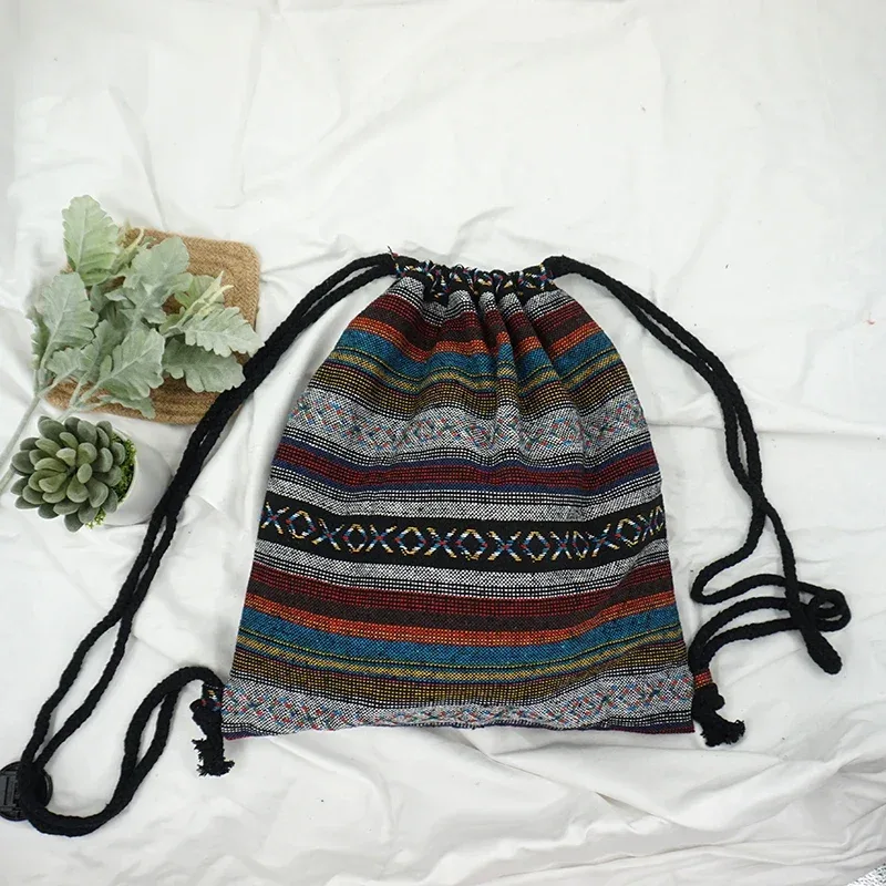sac à dos en tissu pour femme 2026, style bohème chic, ethnique, tribal, ibiza, gypsy, aztec, doux, marron, avec cordon de serrage