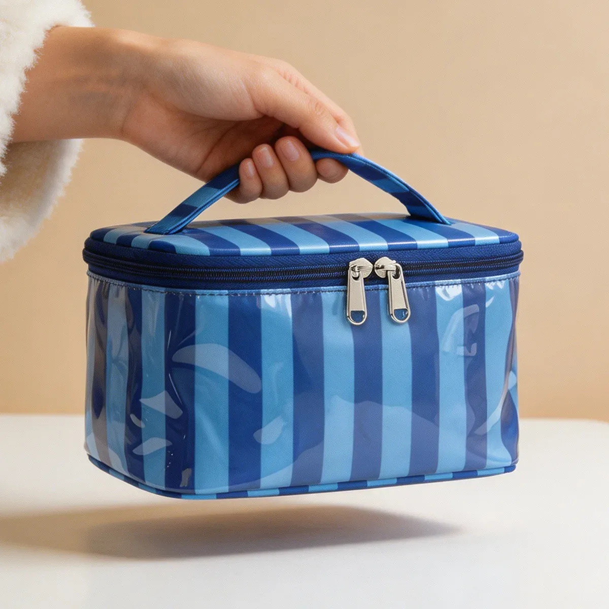 sac cosmétique à rayures en pvc de grande capacité, sac de rangement pour articles de toilette pour femmes, sac de maquillage portable, sac de voyage pour voyage d'affaires, soins de la peau
