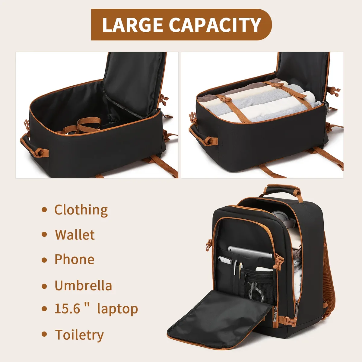 sac de cabine kono pour ryanair (40x30x20 cm, 24l), sac à dos de voyage sous siège, taille cabine, noir/marron