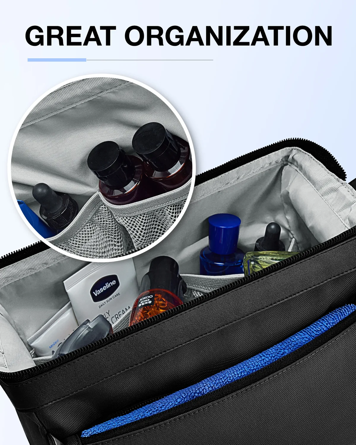 trousse polyester noir compartiments poches maille ouverture large rasage hygiène voyage cosmétiques organisation skincare