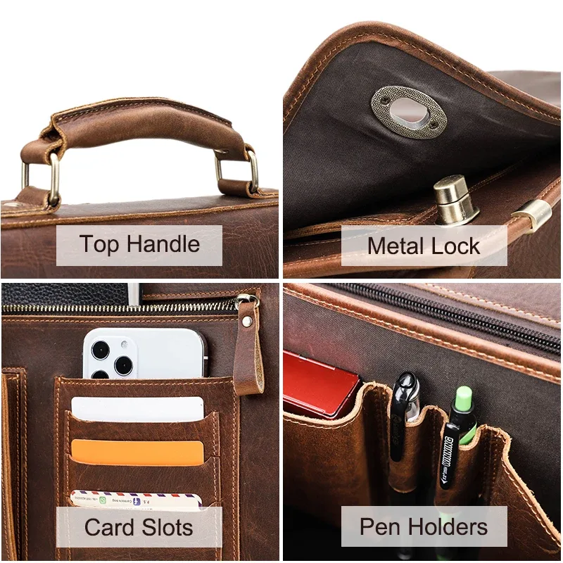 porte documents cuir vraie vache polyester darkbrown loquet sécurité poignées bandoulière compartiments ordinateur portable smartphone cartes voyage