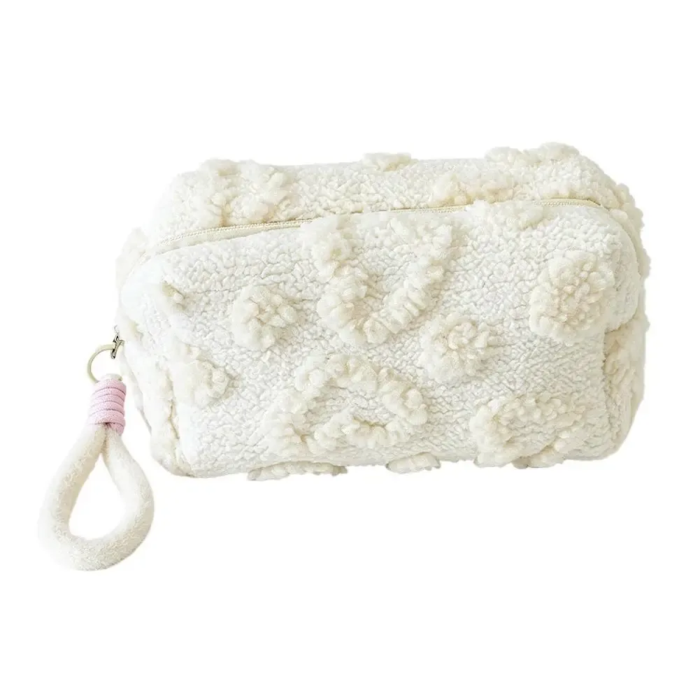 pochette de maquillage kawaii moelleuse avec dragonne, motif cœur, trousse de toilette de voyage, sac de rangement pour cosmétiques et beauté