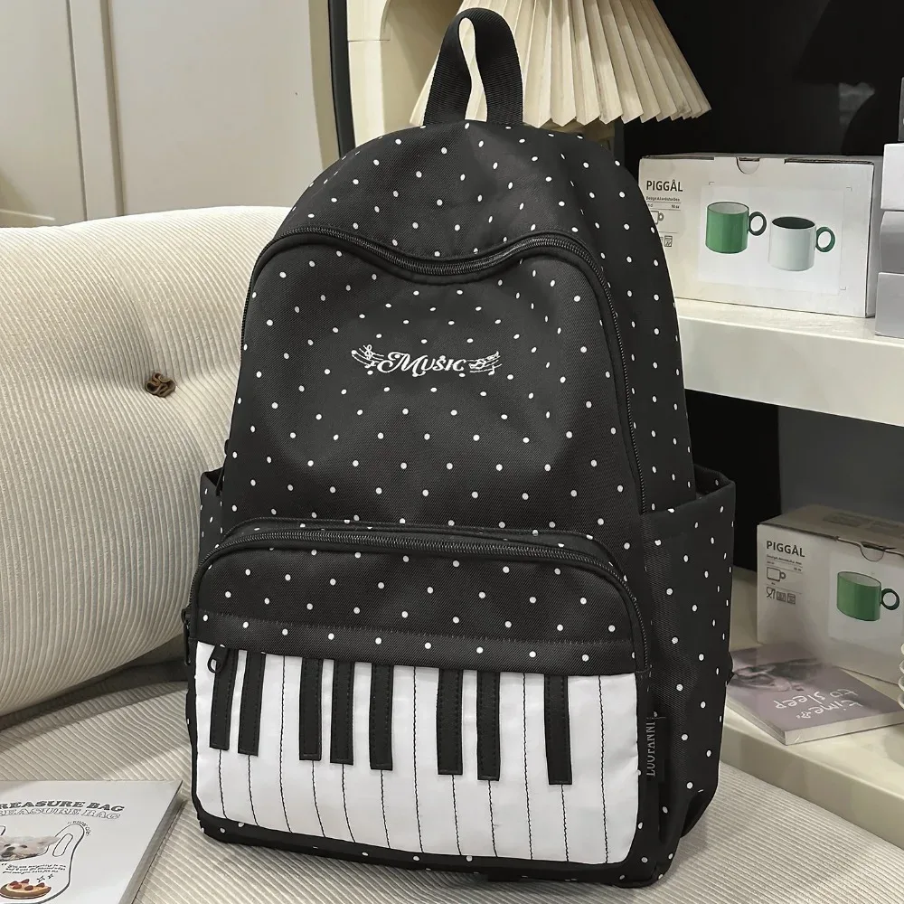 nouveau sac à dos à pois grande capacité, multifonctionnel, léger, motif touches de piano, noir, mochilas sports