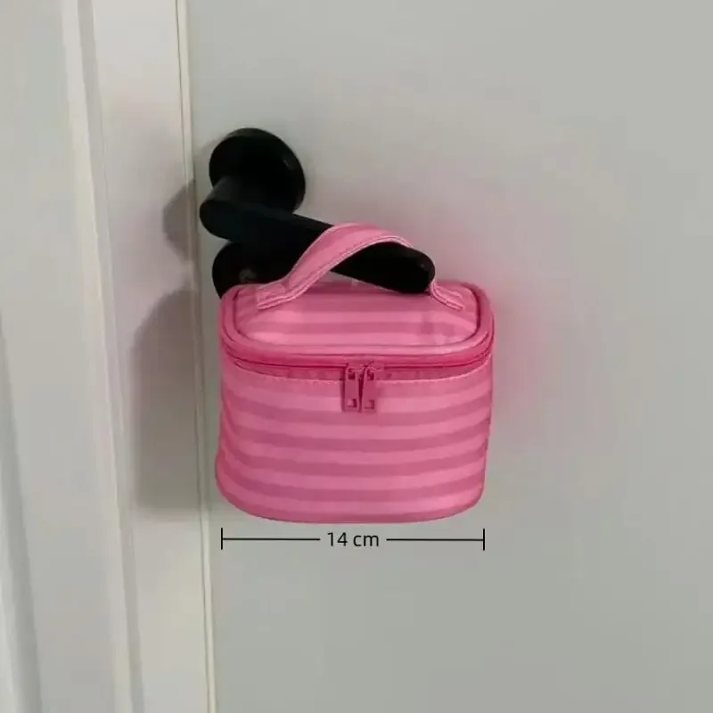 trousse de maquillage rose rayée avec miroir et fermeture éclair, sac de voyage portable pour femmes, organisateur cosmétique mignon et adorable, pochette de toilette