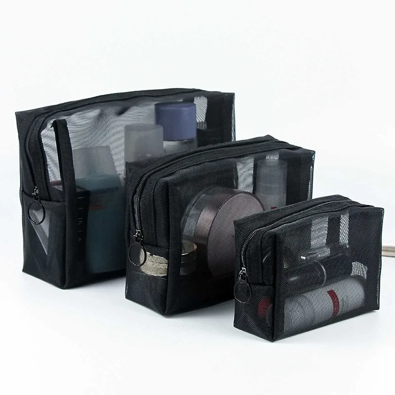 ensemble de 3 trousses de maquillage en maille, organisateur de cosmétiques de style ins pour femmes, mini pochette de toilette de voyage portable pour rouge à lèvres et cosmétiques