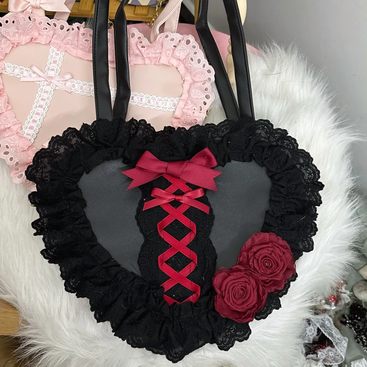 lolita fait à la main amour coeur dentelle fleur mignon sac à bandoulière douce fille étudiants arc fourre-tout sacs à main