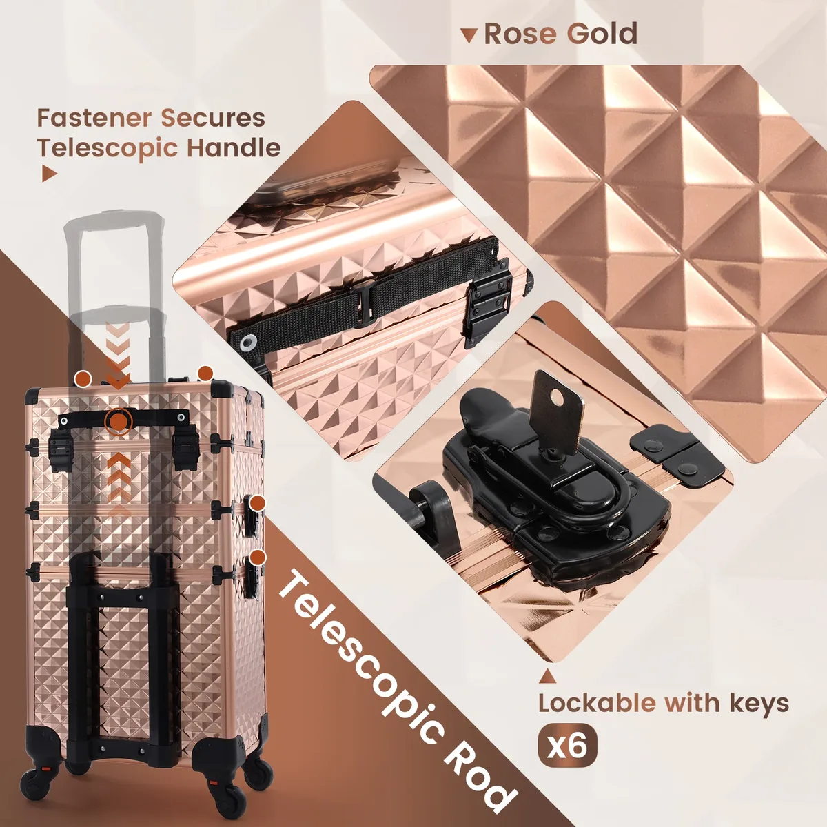 valise de maquillage 3-en-1 à cadre en aluminium, avec 4 plateaux, sur roulettes, portable, pour cosmétologie, coiffure et outils de manucure, avec organisateurs de rangement