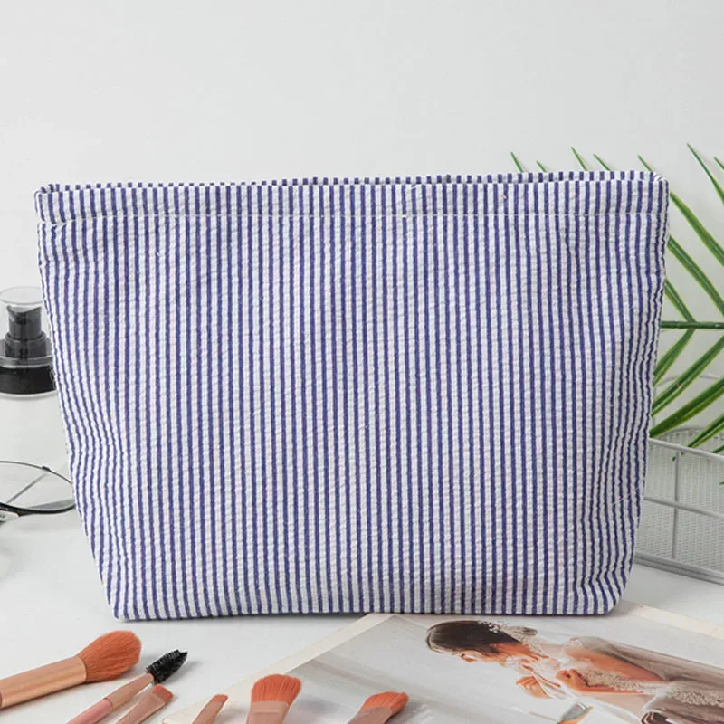 trousse de maquillage en gaze bulle pour femme, sac à main grande capacité, trousse de toilette brodé à rayures, pochette de voyage organisateur