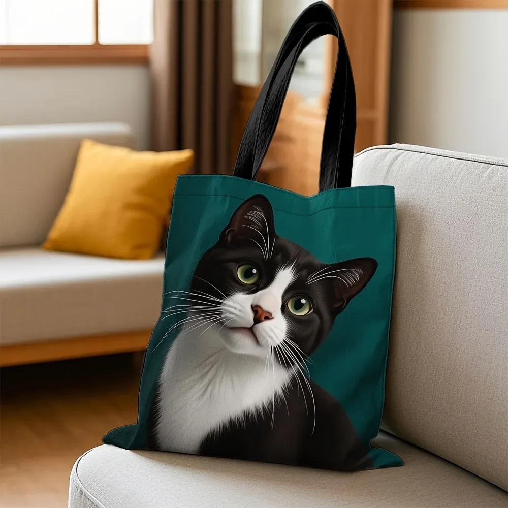 Sac fourre-tout pour chat de smoking de grande capacité, sac à bandoulière réutilisable et Durable avec motif de chat rayé noir et blanc, fond sarcelle, 1 pièce