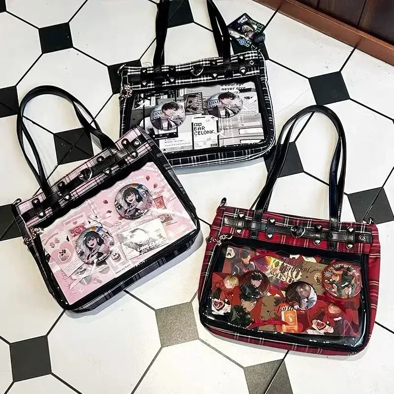 femmes mode motif à carreaux rétro ita sac mignon fille transparent grande capacité sac fourre-tout bricolage affichage sac à main nouveau sac à bandoulière