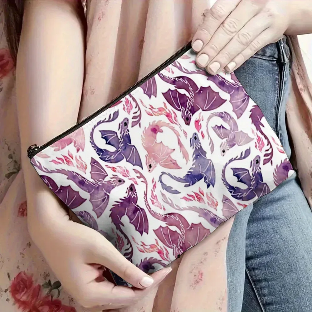 trousse de maquillage fashion dragon fire rose et violet, idéale comme sac à main, trousse de toilette, trousse à crayons ou sacs cadeaux pour femmes