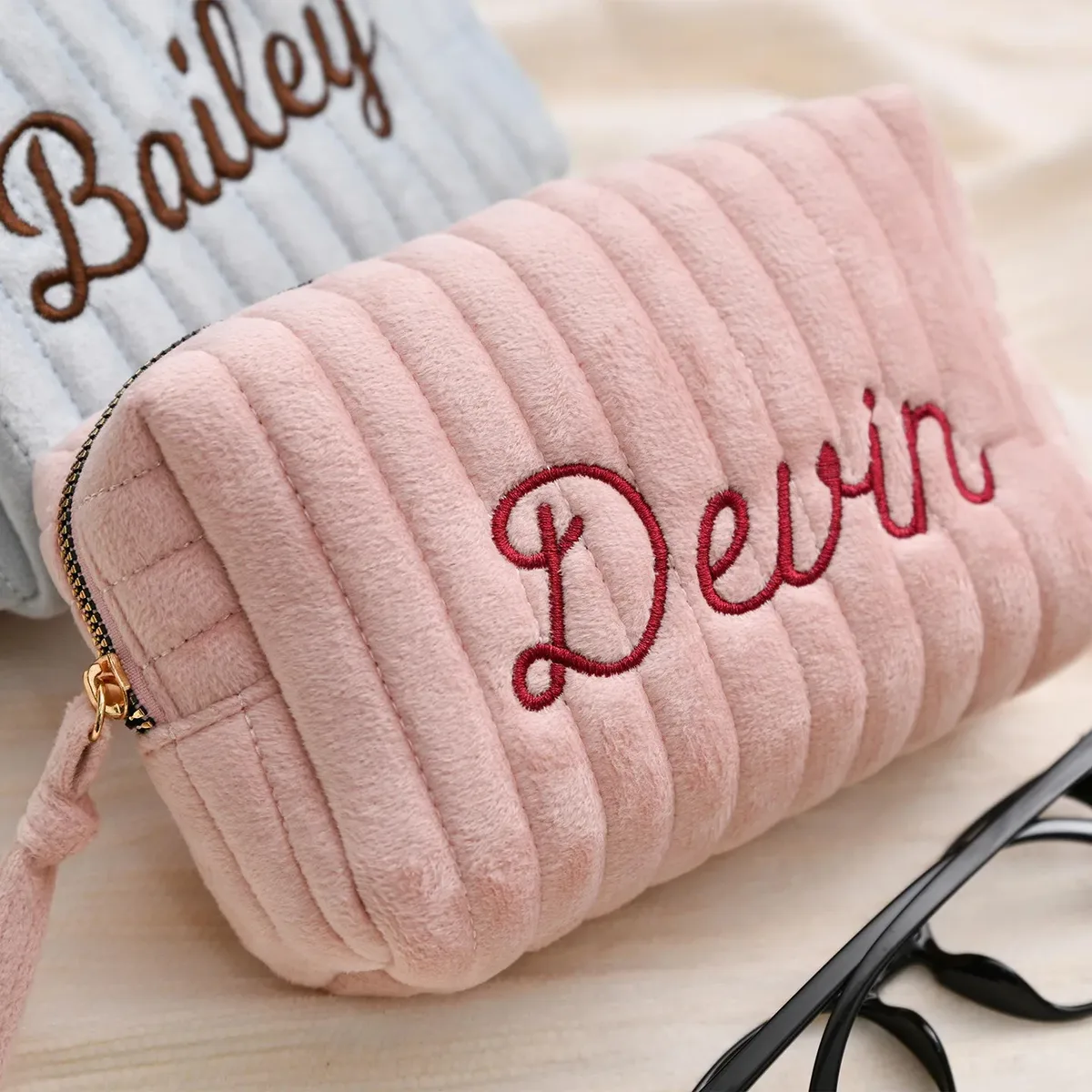 pochette de maquillage en velours côtelé personnalisée avec broderie, trousse de toilette esthétique, cadeau pour femmes et filles, trousse à crayons
