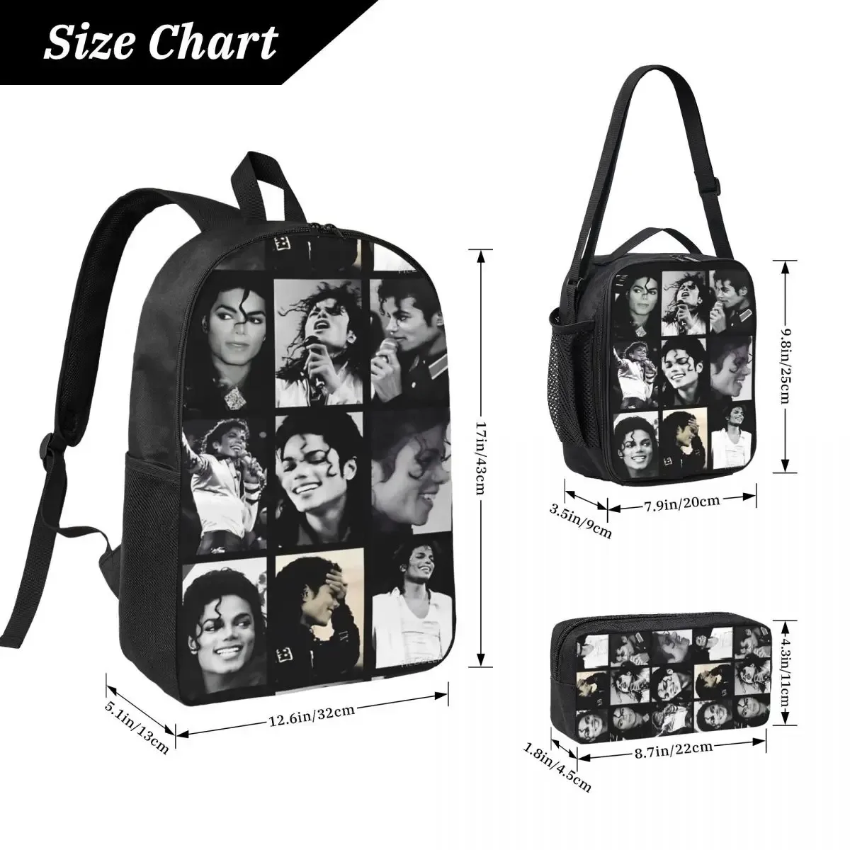 sac à dos mj pop king 3 pièces/ensemble pour étudiant, sac à bandoulière, sac à déjeuner, trousse à crayons