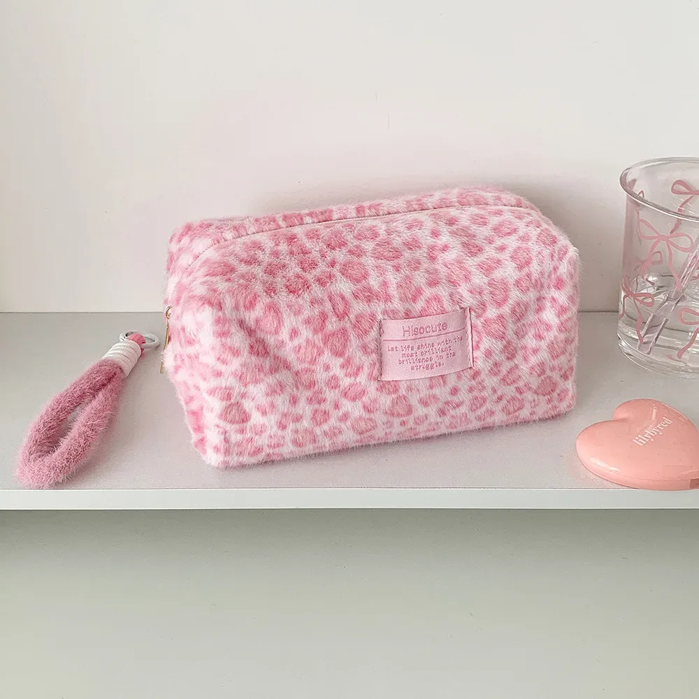 ins mode coréenne hiver en peluche motif léopard sac de maquillage portable rouge à lèvres sac de rangement filles femmes étudiant trousse à crayons
