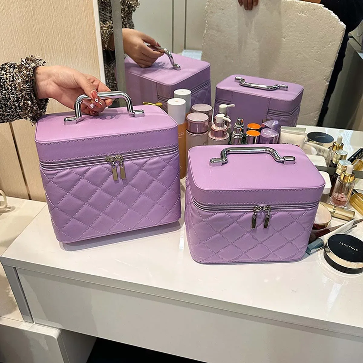 trousse de maquillage portable de luxe, étui à cosmétiques monochromatique, boîte de rangement de maquillage, carreaux de diamant rouge net, fil de littérature, nouveau