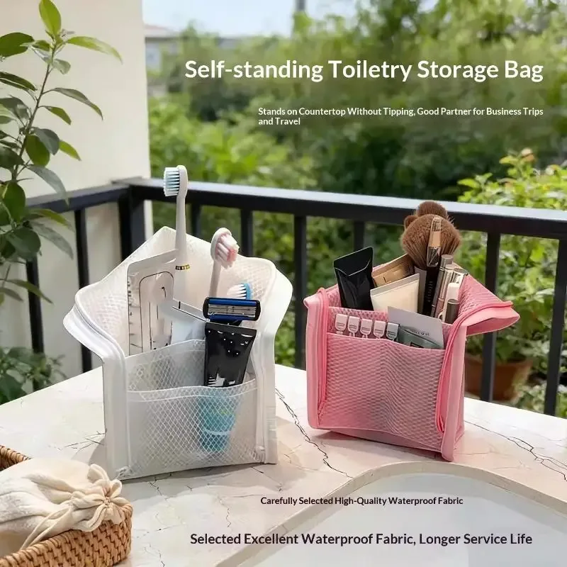 pochette de rangement respirante en maille multi-poches, trousse de toilette sur pied, organisateur de voyage portable pour les voyages d'affaires, les vacances et les séjours aux états-unis.