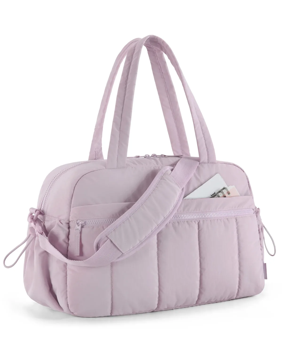sac voyage polyester doux rose pâle blancs poignée bandoulière amovible compartiment humide week end sport yoga