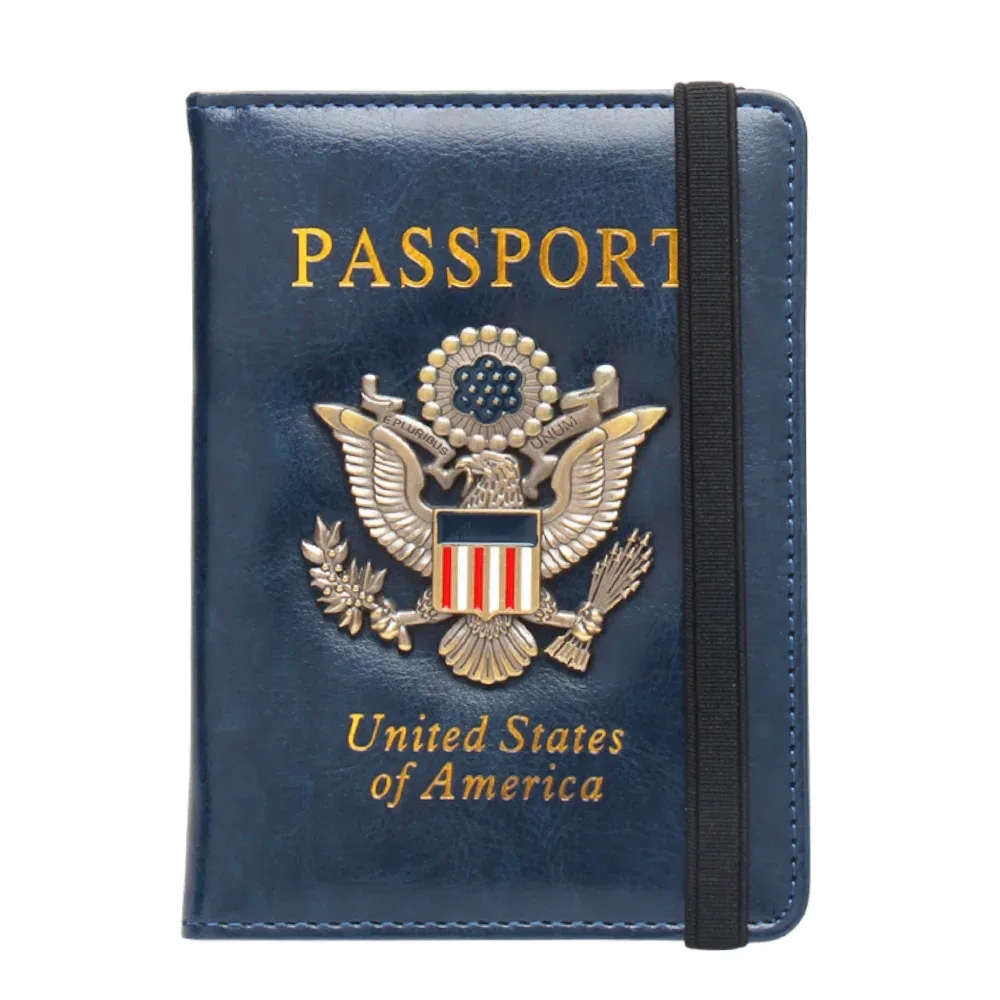 porte-passeport anti-rfid en cuir avec emblème métallique aigle américain, portefeuille de voyage, étui de protection pour documents pour hommes et femmes