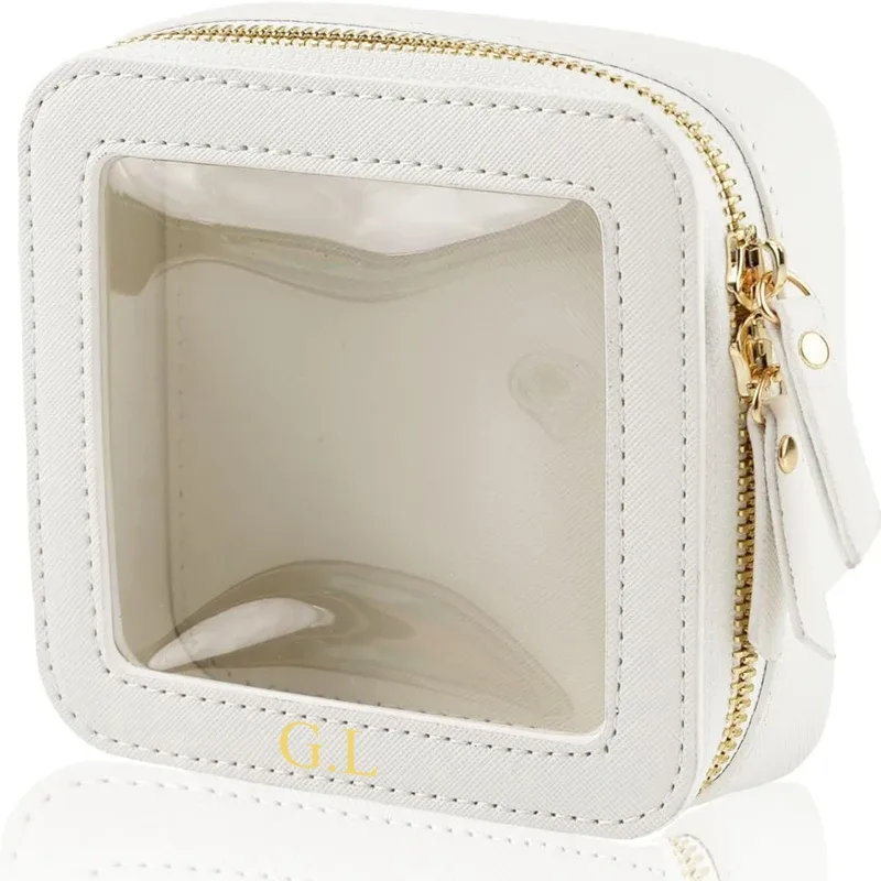 mini trousse de maquillage en cuir pu saffiano, avec initiales de nom personnalisées gratuites, jolie petite fenêtre visible, rangement de rouges à lèvres, étui à cosmétiques